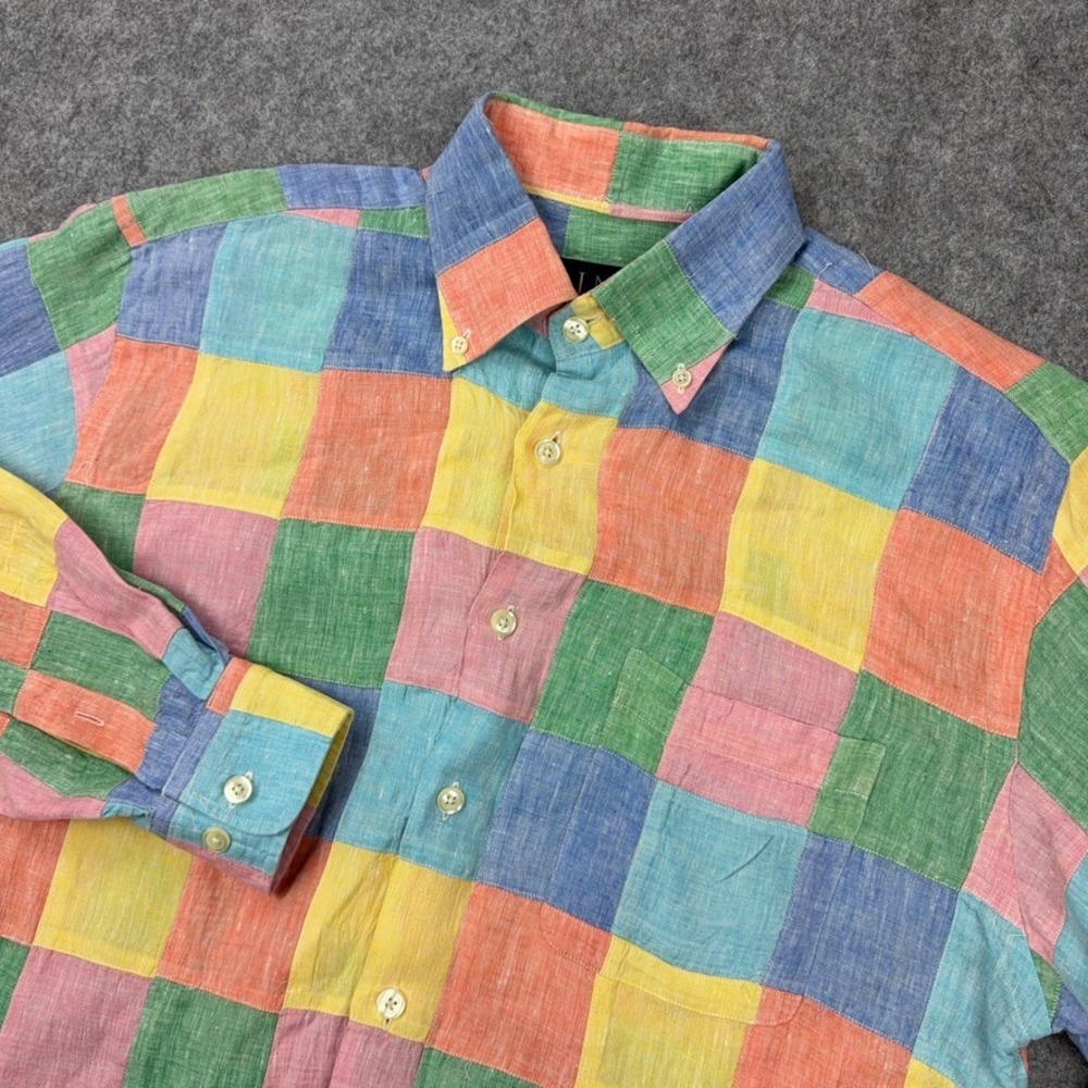 VTG Mine Shirt Mens Medium Multi Color Pastel Patchwork Linen Long Sleeve 90s